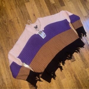 Chesley V-Neck Colorblock Distress Sweater - Pink, Purple, Brown, Black